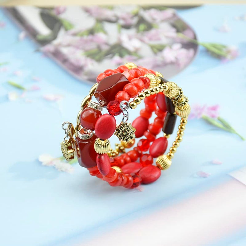 QIAN0813 Adjustable Copper Bracelet with Multilayer Design, Stylish Boho Jewelry for Women, Perfect Chunky and Beaded Bangle Bracelets for Women (Red) - Image 4